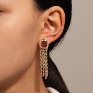 Gold Tassel Drop Earrings with Amber Stone